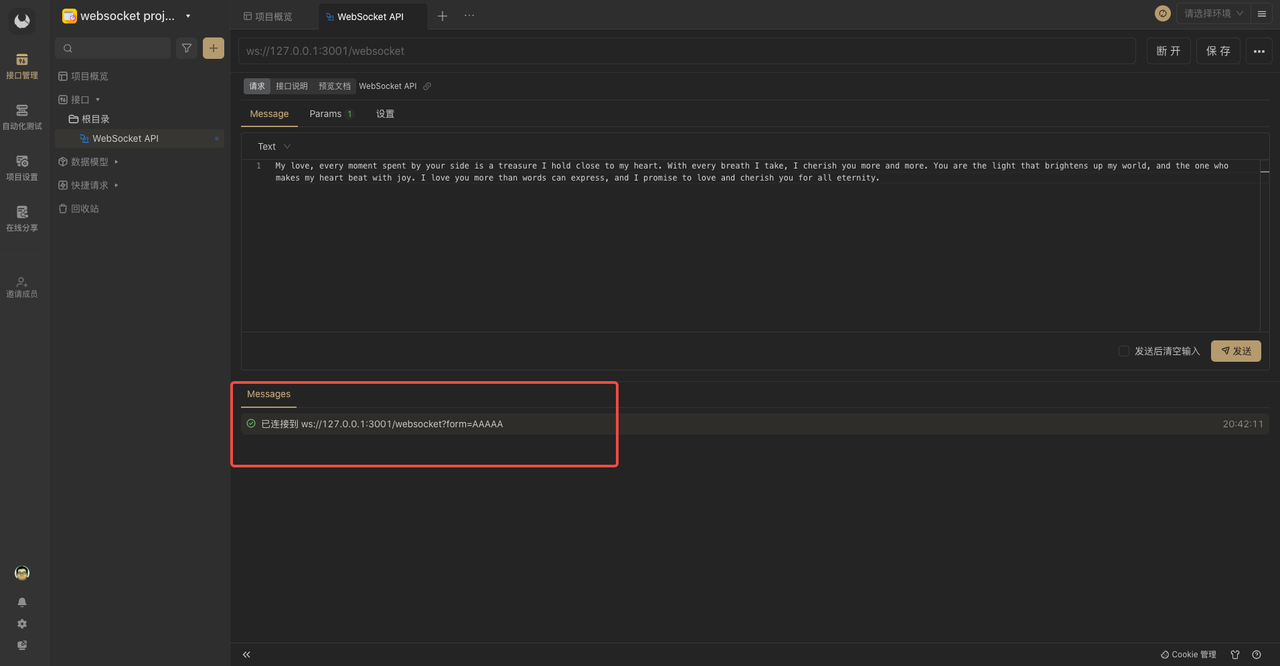 Apifox 中连接 WebSocket 服务成功