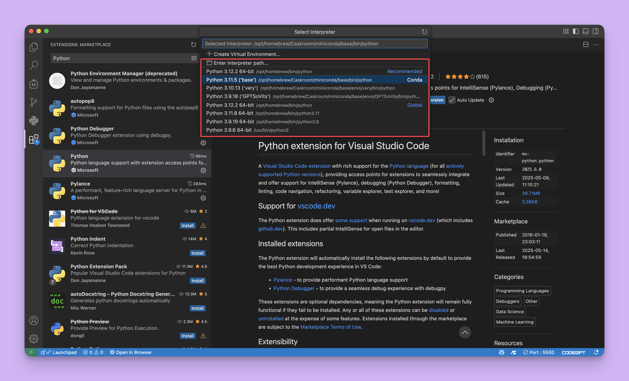 vscode 选择 Python 解释器