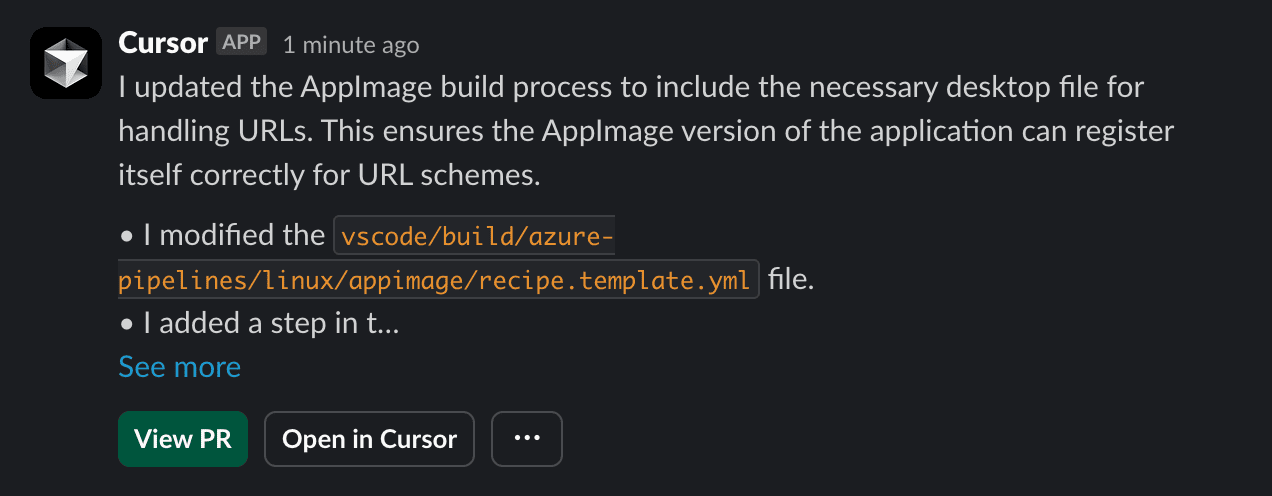 Cursor Cloud Agent 完成任务后在 Slack 中提供 GitHub PR 入口