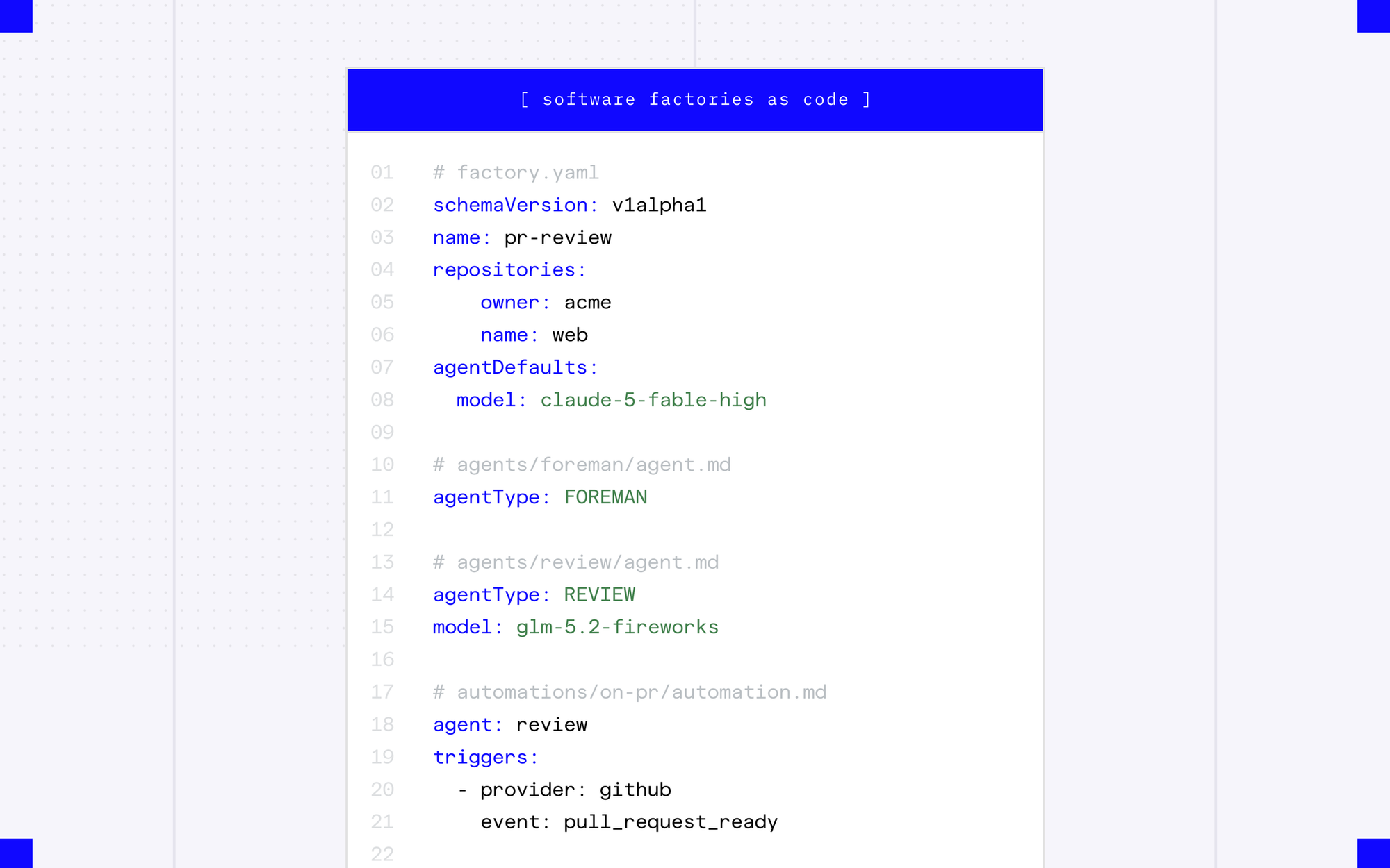 factory.yaml 定义代码审查软件工厂的配置截图