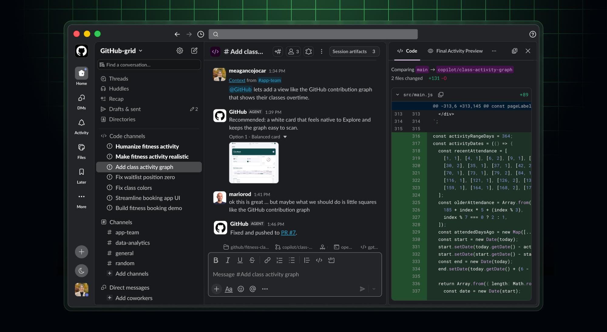 GitHub 官方截图,展示团队在 Slack Code 频道中查看 Copilot 计划、差异和迭代