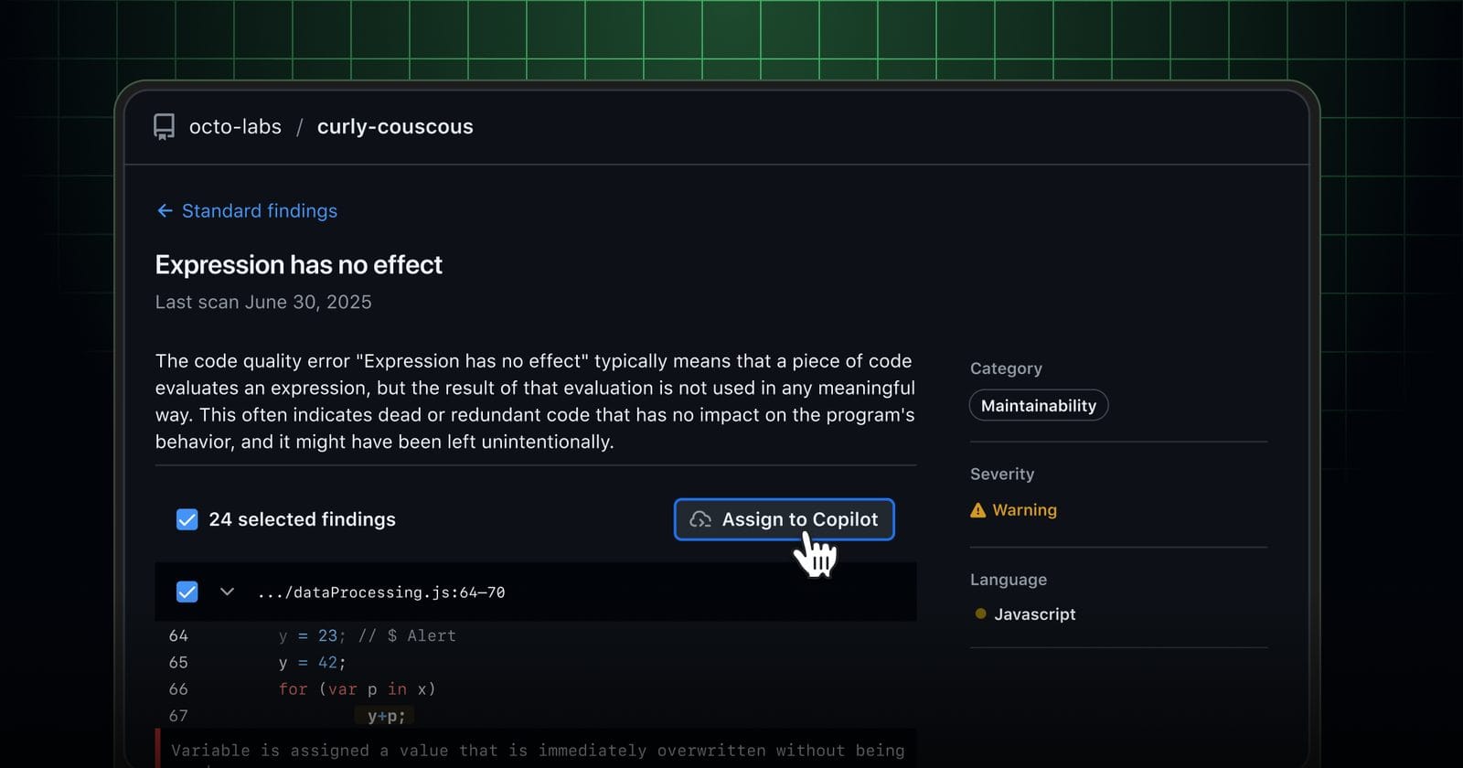 GitHub Changelog 中 Code Quality 批量指派 Copilot 修复的官方配图