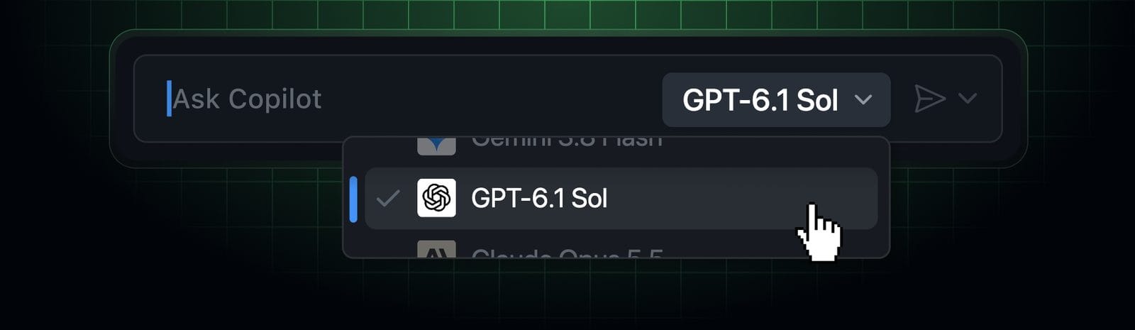 GitHub Copilot 模型选择器中选中 GPT-6.1 Sol