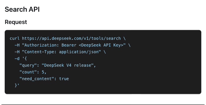 DeepSeek Search API 请求示例：POST /v1/tools/search，带 query、count 和 need_content，来自 DeepSeek 文档