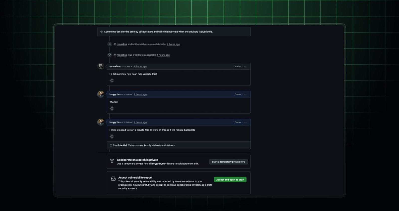 GitHub 安全公告时间线中一条带机密标记的评论：Confidential. This comment is only visible to maintainers.
