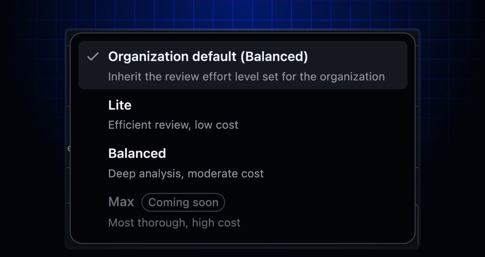 GitHub Copilot 代码审查投入档位设置界面，Default 解析为 Balanced