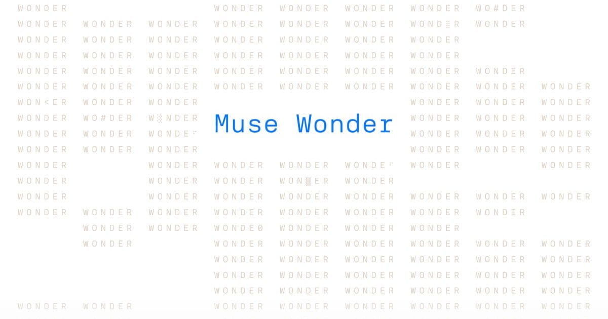 Meta Muse Wonder 发布主视觉：蓝色 Muse Wonder 标题压在浅色 Wonder 字样底纹上