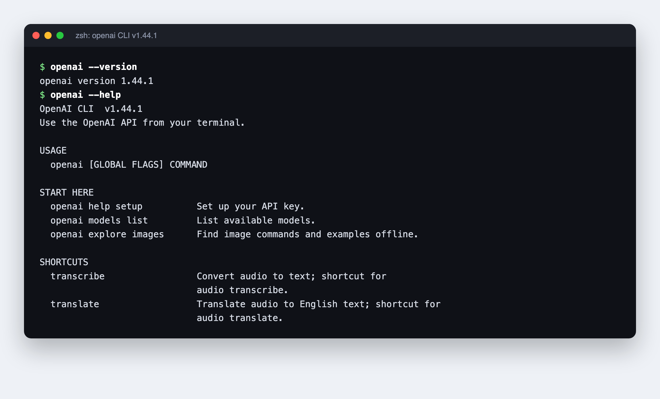 OpenAI CLI v1.44.1 的 openai --version 和 openai --help 输出
