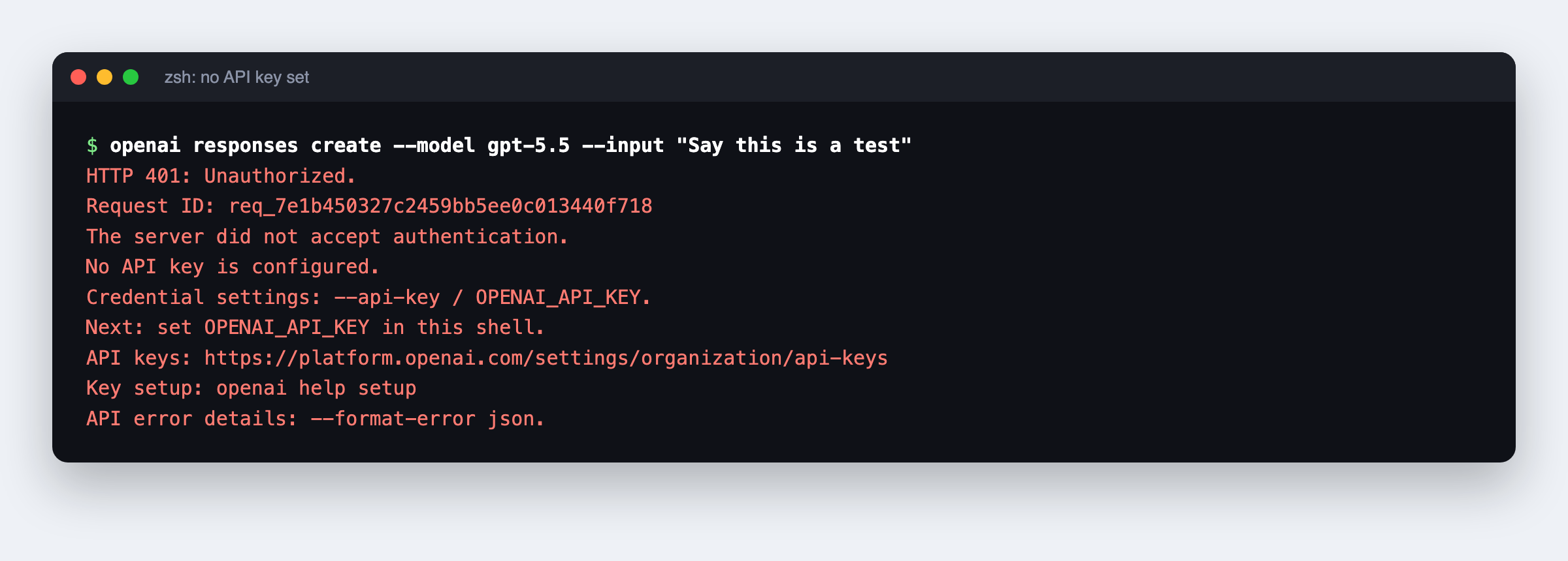 未配置 API 密钥时，OpenAI CLI 返回 HTTP 401 Unauthorized