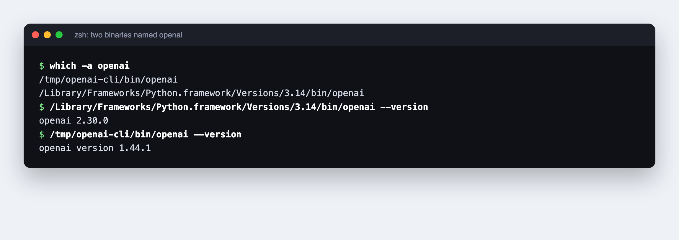 which -a openai 显示两个 openai 二进制：新的 OpenAI CLI 和旧的 Python SDK 命令