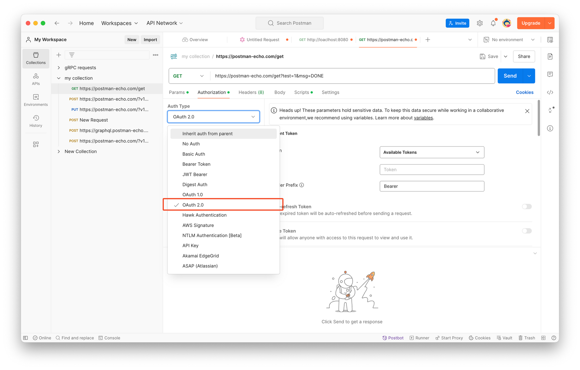 身份验证类型为 OAuth 2.0